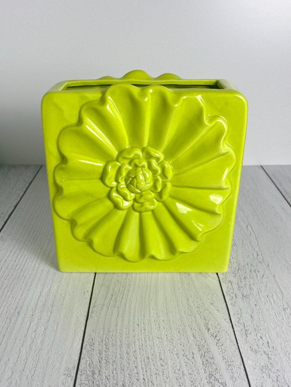 Vintage Chartreuse Ceramic Floral Vase Retro Mod Decor